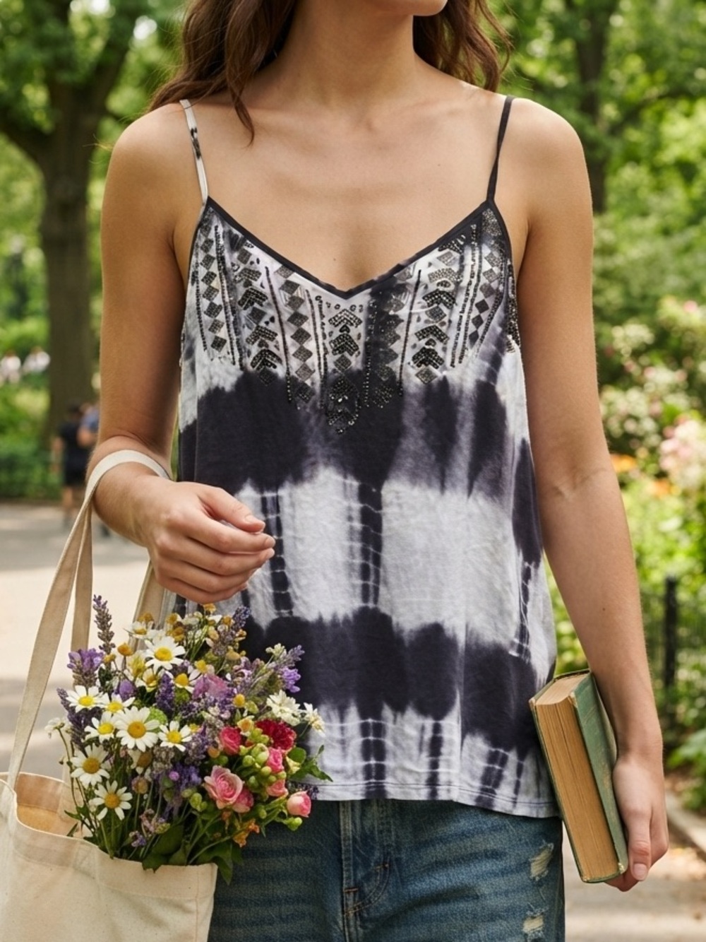Vintage Express Navy White Tie Dye Sequin Beaded Tank Top L Y2K Boho Festival